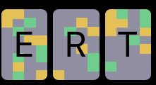 The letters E, R, and T are in individual gray boxes. In each box there is a random scatter of yellow and green squares. 