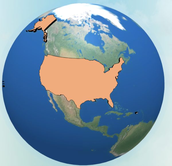 A picture of a 3D globe where the USA is centered. The USA is highlighted a light orange