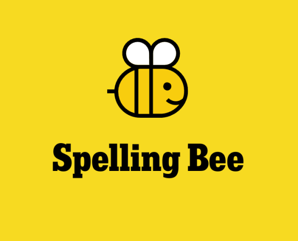 A small cartoonish bee on a yellow backround. Underneath the bee it says Spelling Bee