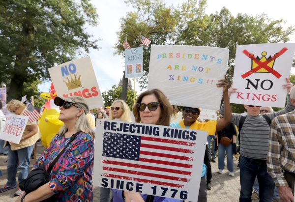 Demonstrators participate in a “No Kings” rally held in Princeton, October 18, 2025.